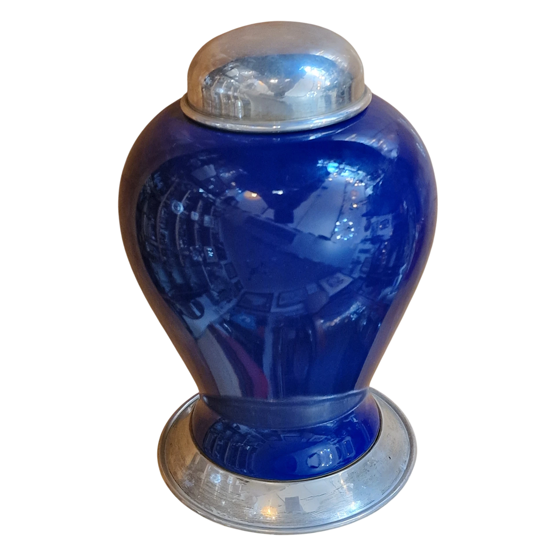 Pote Leitão & Irmão em Porcelana Azul-Cobalto com Base e Tampa em Prata 925 - Antigos Joalheiros da Coroa - 19 cm