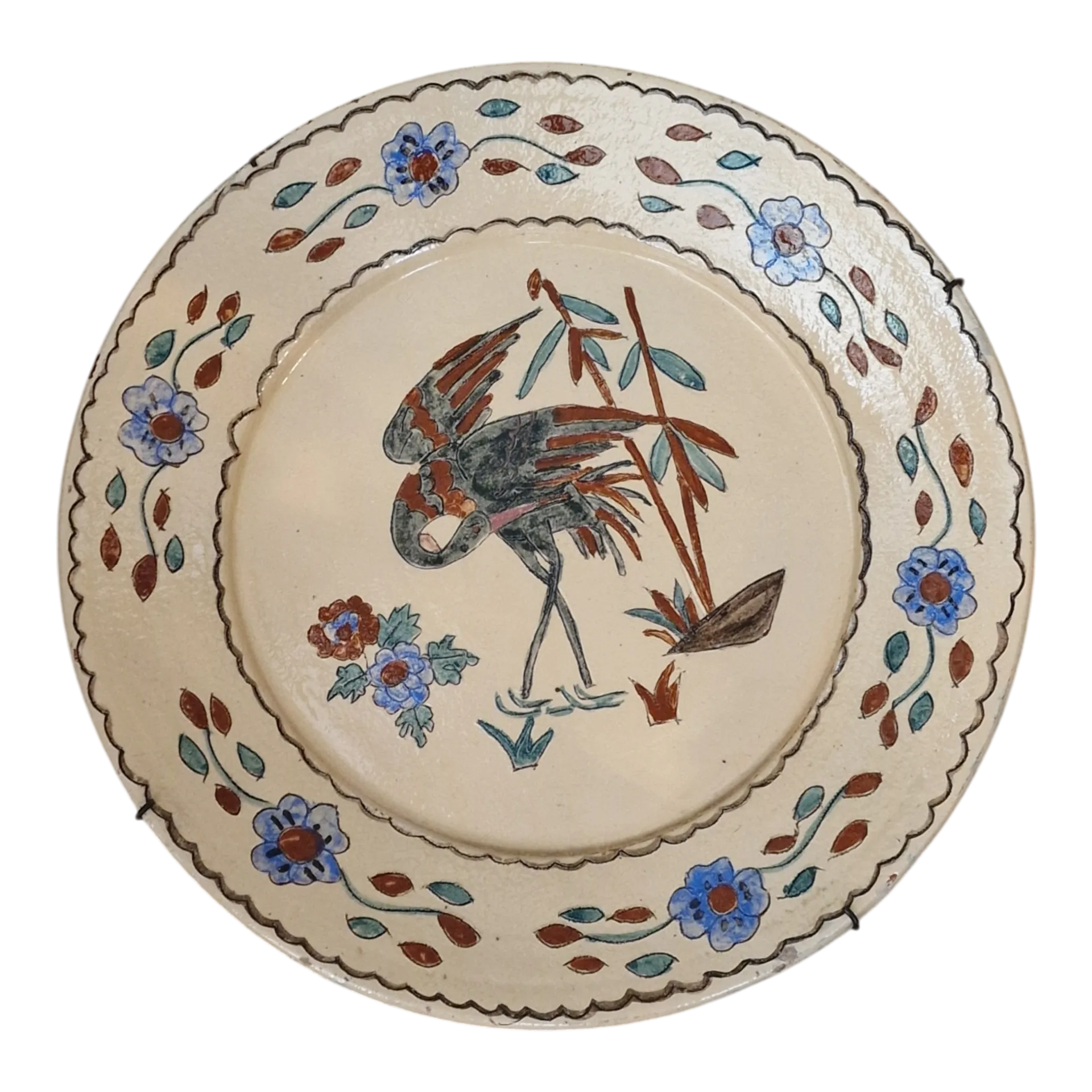Prato de Parede em Barro Vidrado Pintado à Mão com Ave e Flores — 44 cm