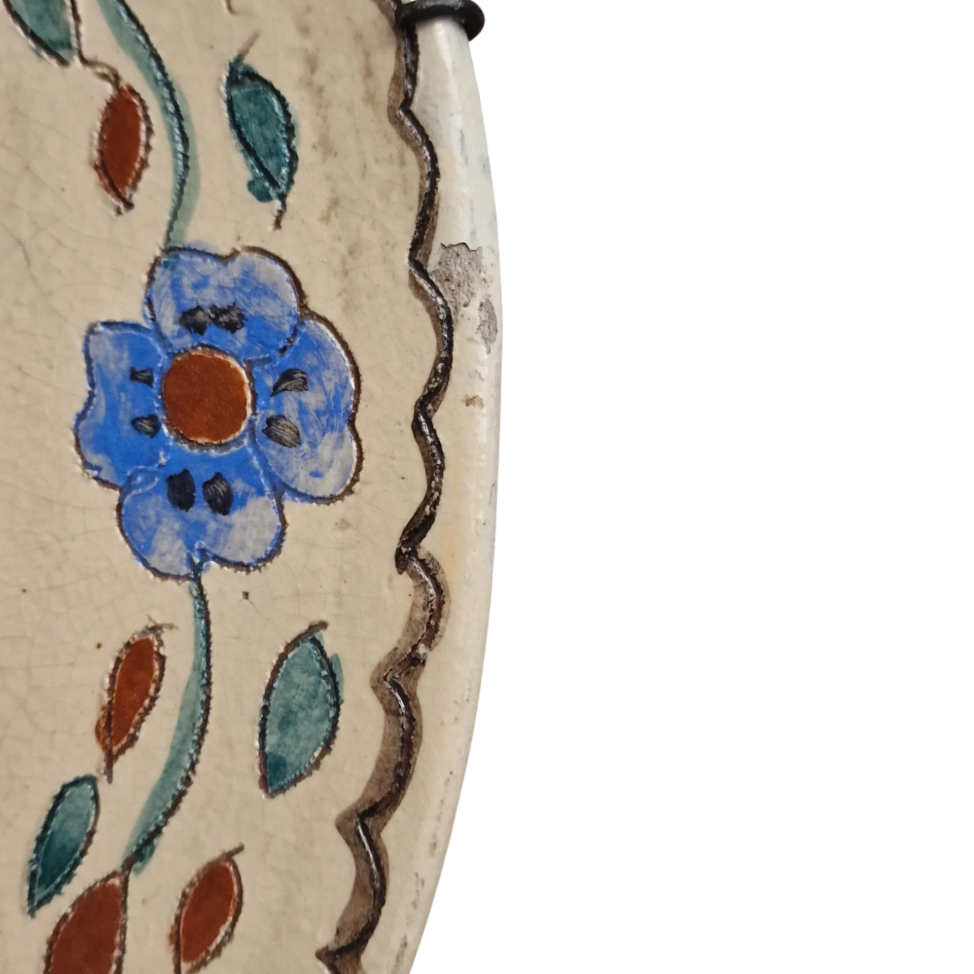 Prato de Parede em Barro Vidrado Pintado à Mão com Ave e Flores — 44 cm
