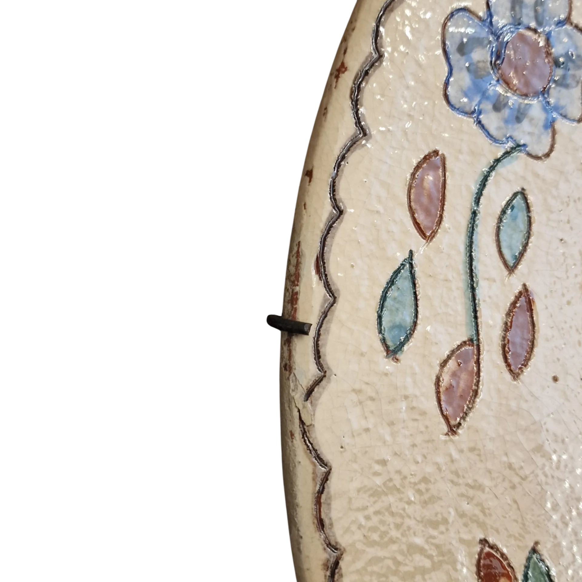 Prato de Parede em Barro Vidrado Pintado à Mão com Ave e Flores — 44 cm