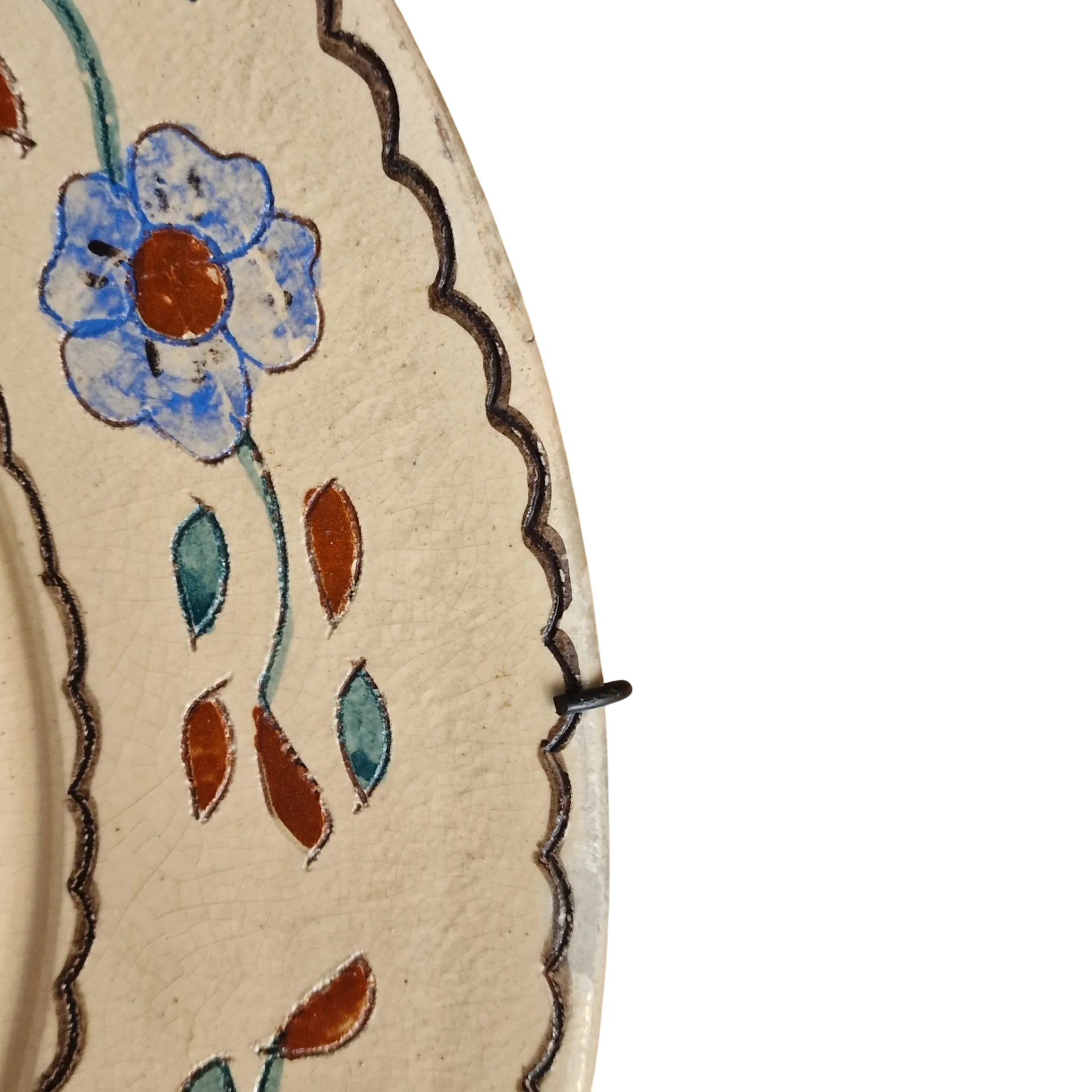 Prato de Parede em Barro Vidrado Pintado à Mão com Ave e Flores — 44 cm