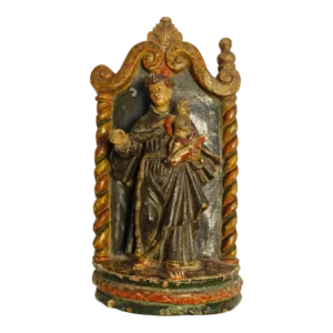 Santo António com Menino Jesus em Nicho Barroco — Escultura Religiosa Policromada em Barro/Terracota — Portugal, séc. XIX