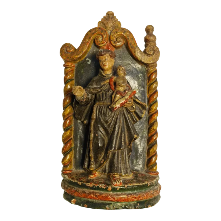 Santo António com Menino Jesus em Nicho Barroco — Escultura Religiosa Policromada em Barro/Terracota — Portugal, séc. XIX