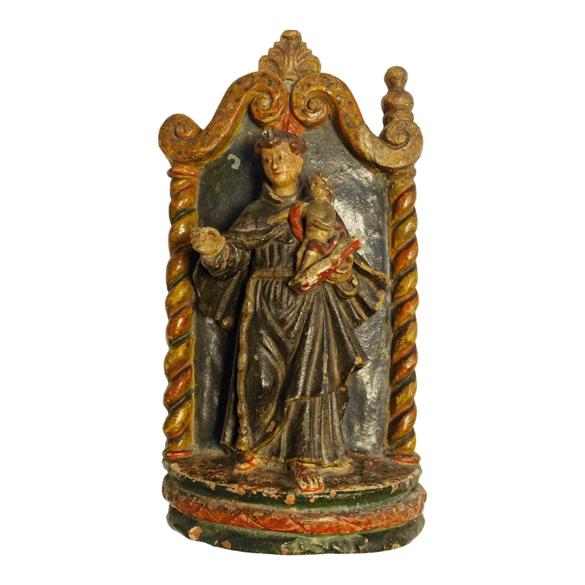 Santo António com Menino Jesus em Nicho Barroco — Escultura Religiosa Policromada em Barro/Terracota — Portugal, séc. XIX