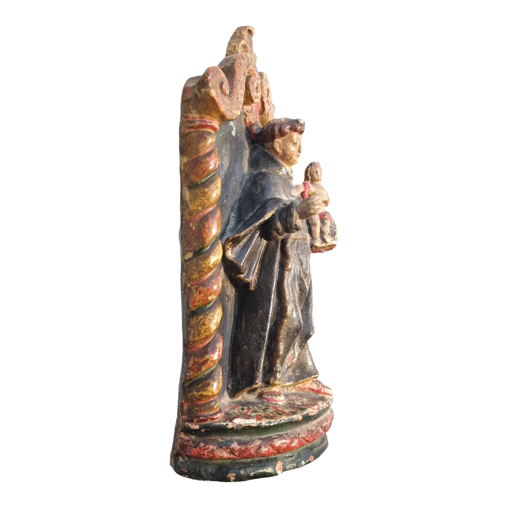 Santo António com Menino Jesus em Nicho Barroco — Escultura Religiosa Policromada em Barro/Terracota — Portugal, séc. XIX