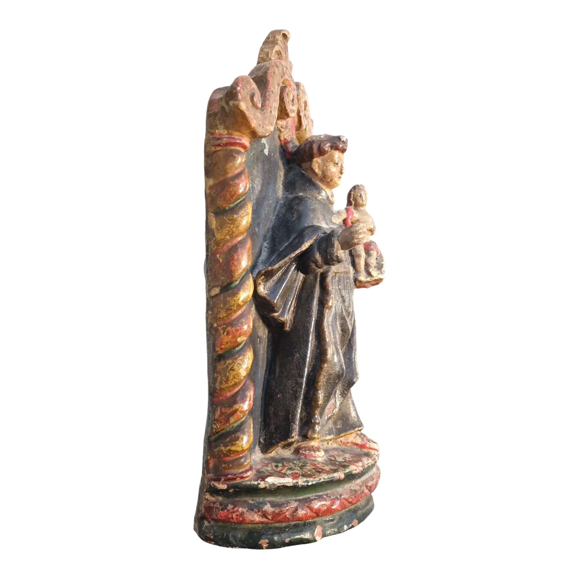 Santo António com Menino Jesus em Nicho Barroco — Escultura Religiosa Policromada em Barro/Terracota — Portugal, séc. XIX