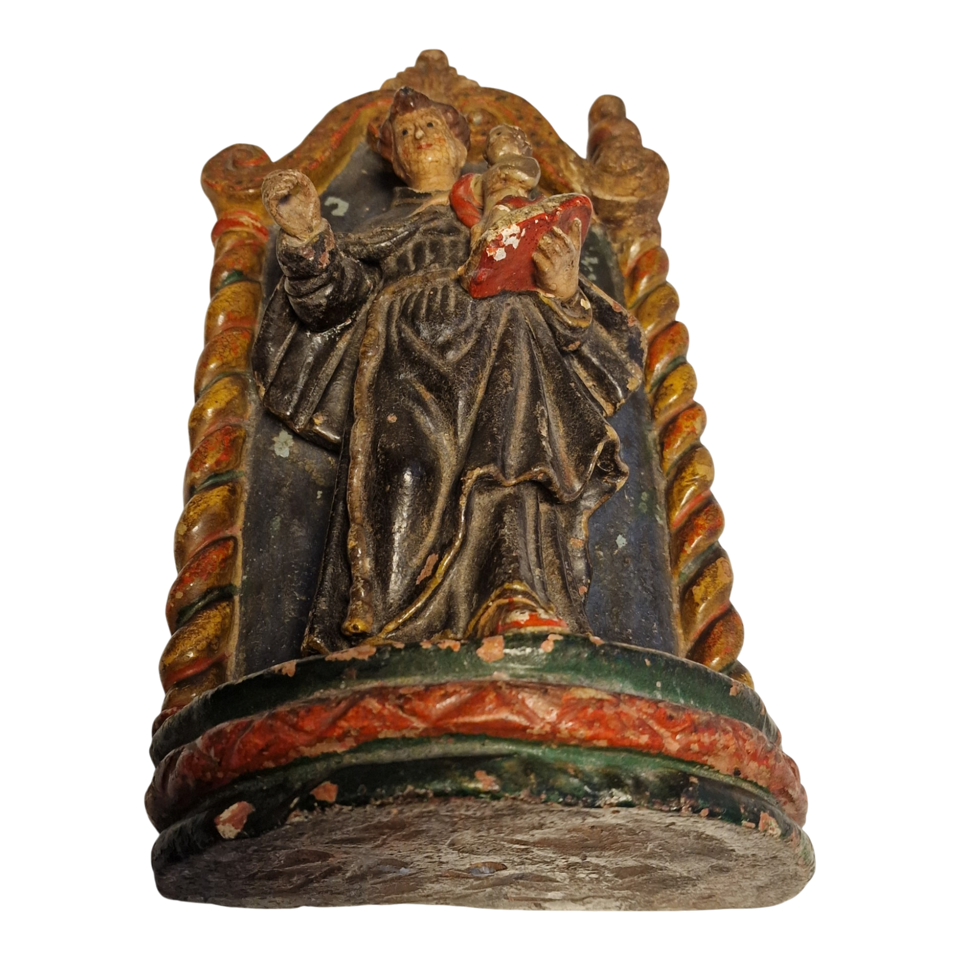 Santo António com Menino Jesus em Nicho Barroco — Escultura Religiosa Policromada em Barro/Terracota — Portugal, séc. XIX