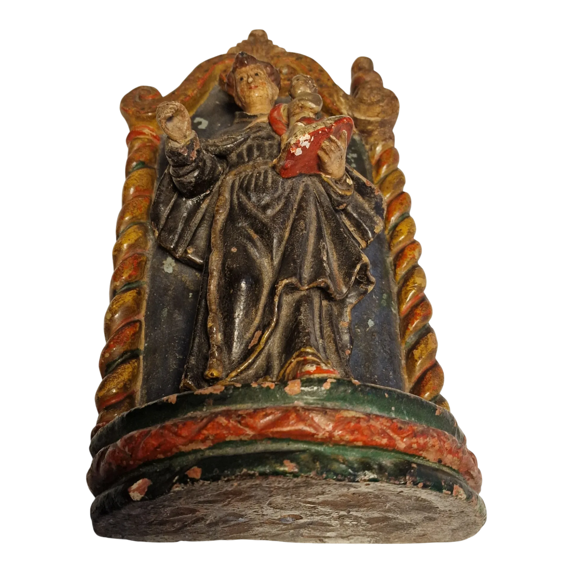 Santo António com Menino Jesus em Nicho Barroco — Escultura Religiosa Policromada em Barro/Terracota — Portugal, séc. XIX
