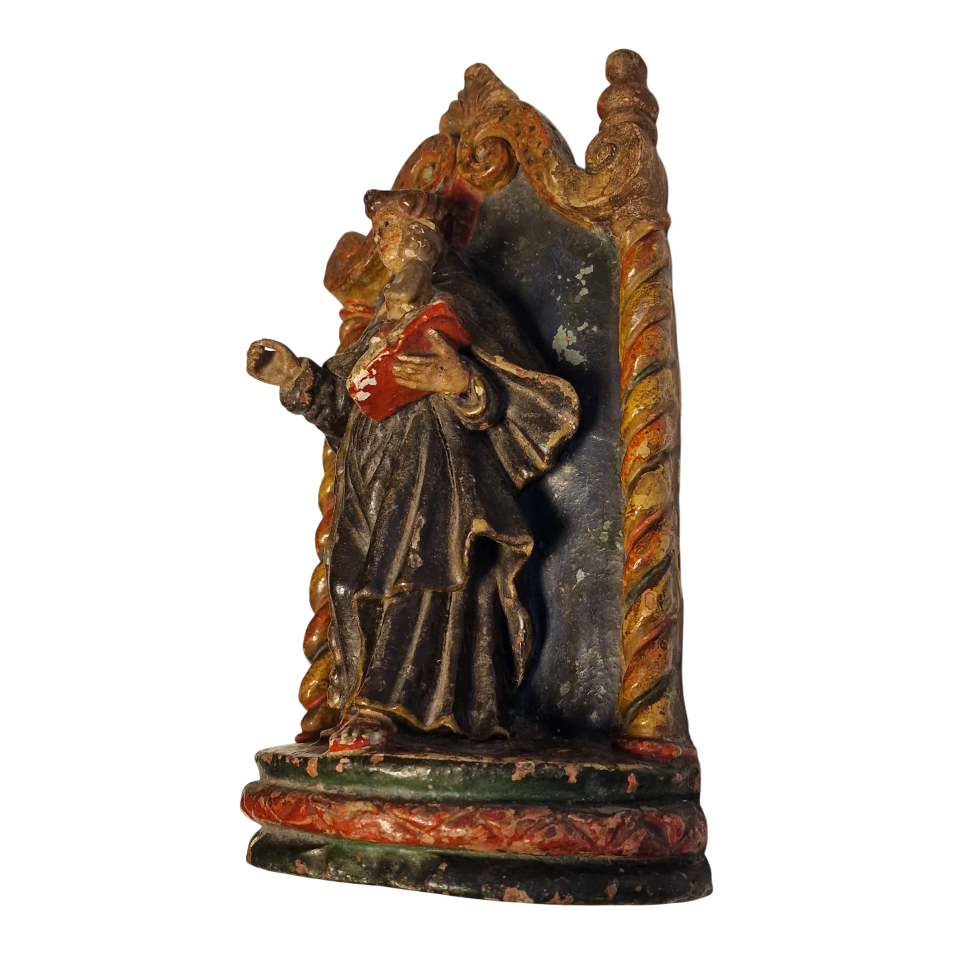 Santo António com Menino Jesus em Nicho Barroco — Escultura Religiosa Policromada em Barro/Terracota — Portugal, séc. XIX