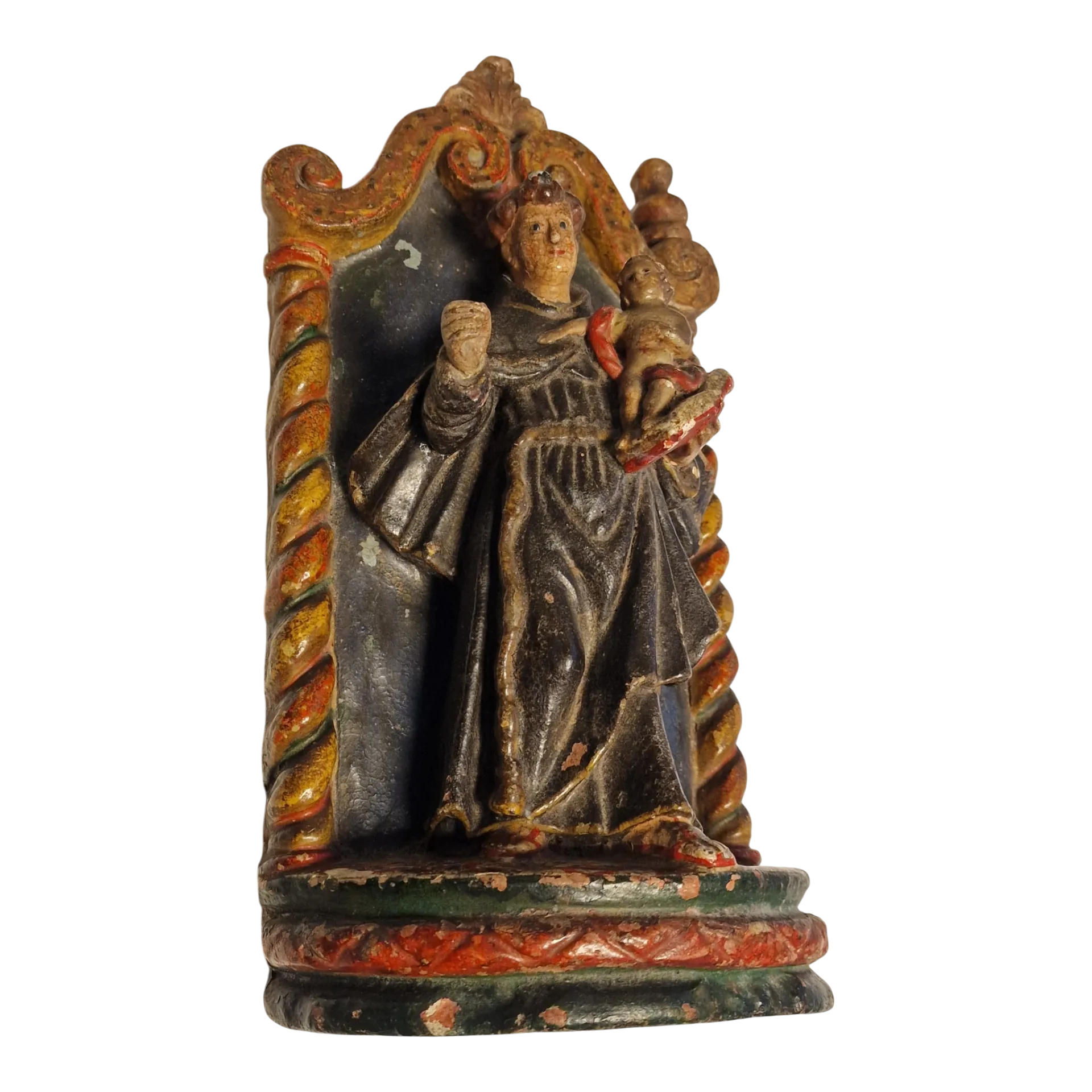 Santo António com Menino Jesus em Nicho Barroco — Escultura Religiosa Policromada em Barro/Terracota — Portugal, séc. XIX