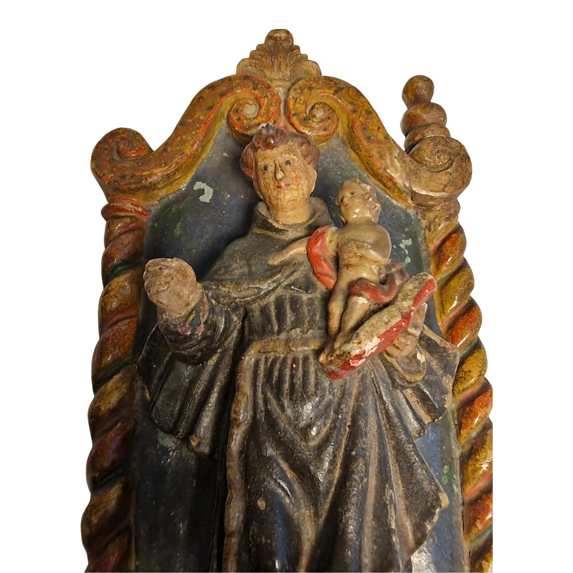 Santo António com Menino Jesus em Nicho Barroco — Escultura Religiosa Policromada em Barro/Terracota — Portugal, séc. XIX