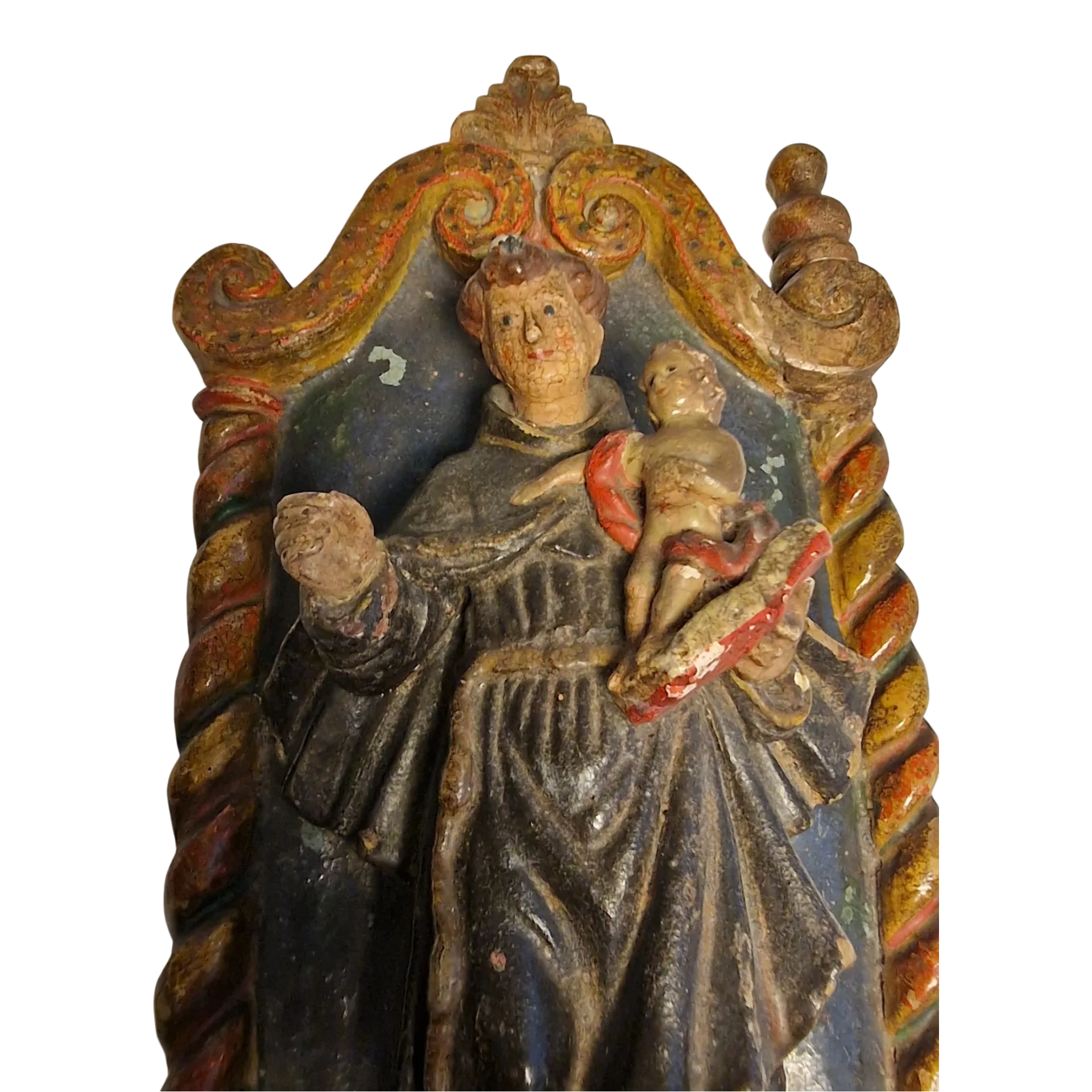 Santo António com Menino Jesus em Nicho Barroco — Escultura Religiosa Policromada em Barro/Terracota — Portugal, séc. XIX