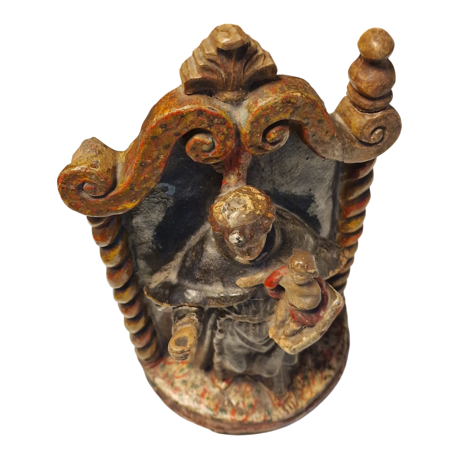 Santo António com Menino Jesus em Nicho Barroco — Escultura Religiosa Policromada em Barro/Terracota — Portugal, séc. XIX