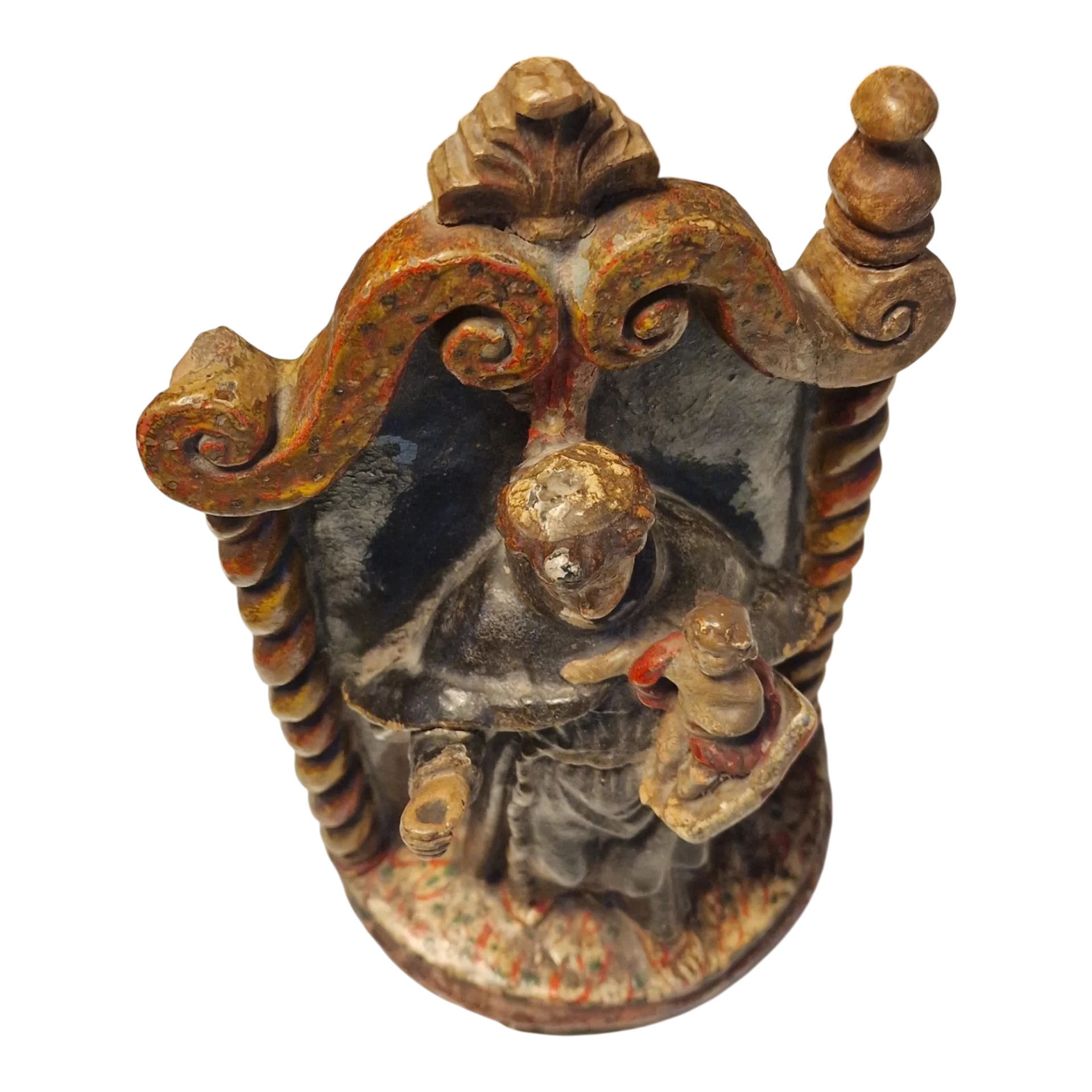 Santo António com Menino Jesus em Nicho Barroco — Escultura Religiosa Policromada em Barro/Terracota — Portugal, séc. XIX