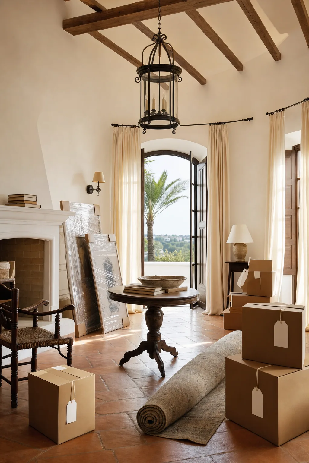 Sala de casa algarvia com mobiliário, quadros e caixas de mudança junto à porta envidraçada, luz forte de exterior