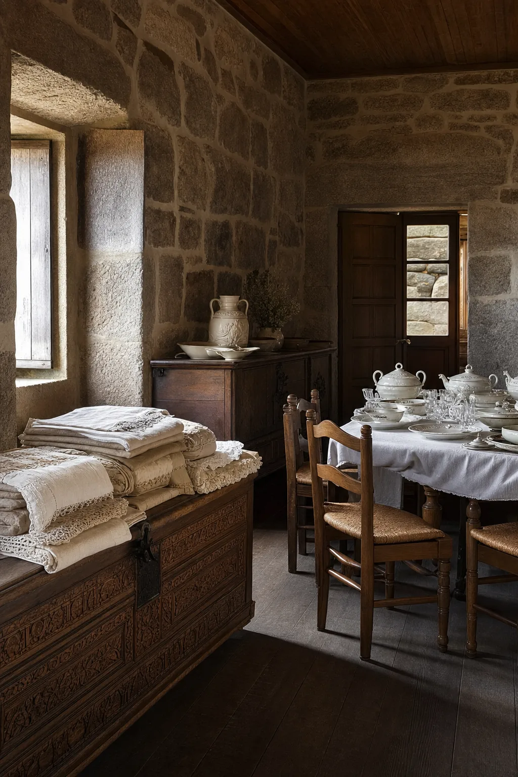 Sala de casa minhota com aparador de castanho, serviço de loiça, colchas bordadas e relógio de sala, luz de janela