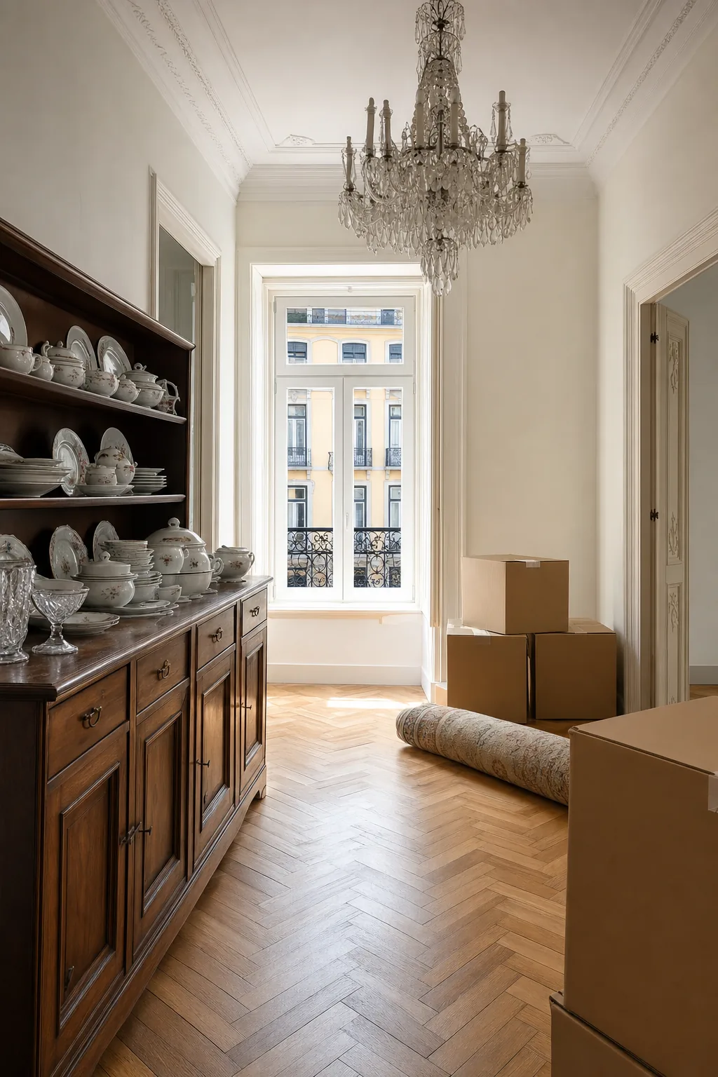Sala de apartamento lisboeta antigo com aparador, porcelanas e quadros encostados, luz de janela