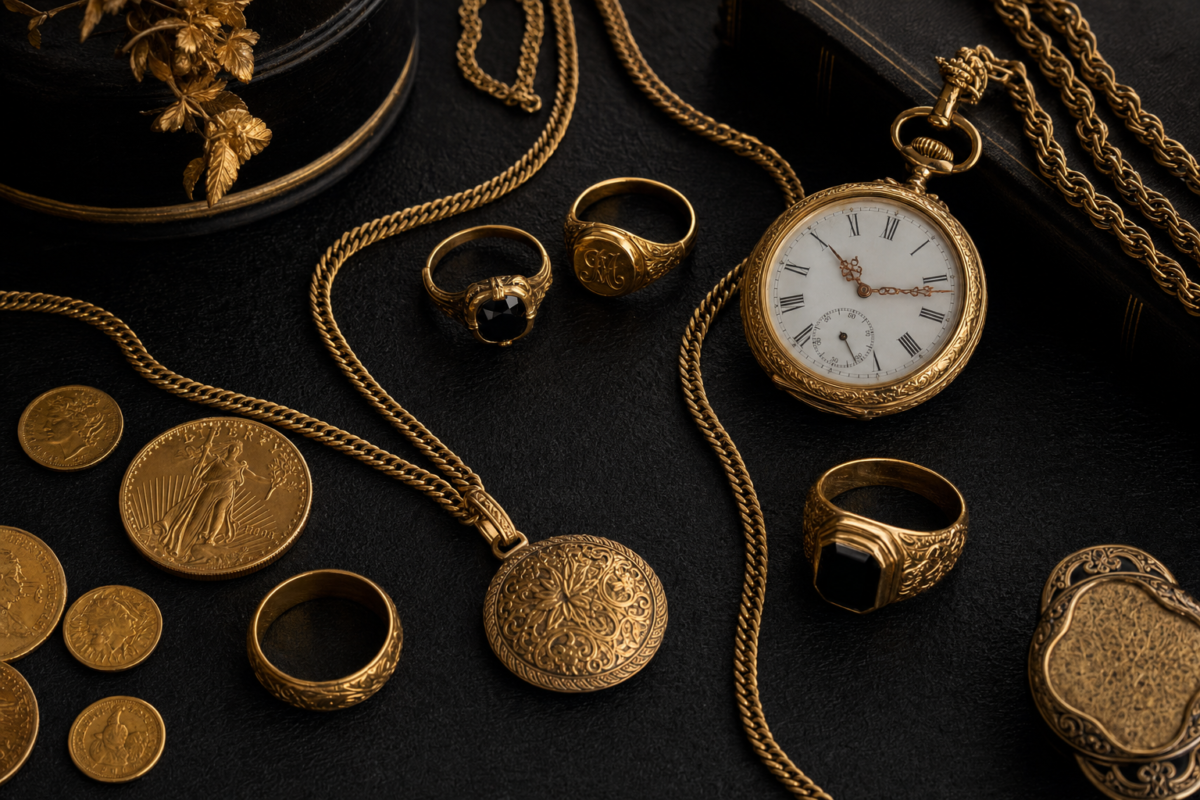 An elegant flat lay of antique gold jewelry, rings, necklaces, gold coins and a vintage pocket watch arranged on a dark textured surface, soft directional lighting, luxury editorial still life, shallow depth of field, timeless