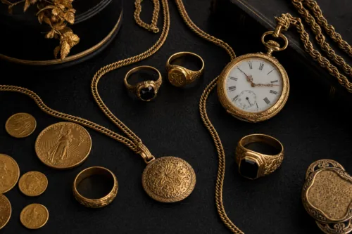 An elegant flat lay of antique gold jewelry, rings, necklaces, gold coins and a vintage pocket watch arranged on a dark textured surface, soft directional lighting, luxury editorial still life, shallow depth of field, timeless