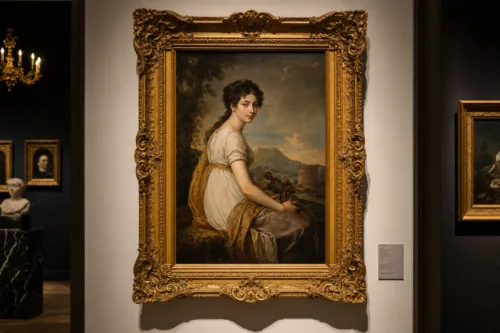 An ornate gilded frame holding a classical oil painting displayed on a gallery wall, warm museum lighting, elegant timeless antique interior, fine art editorial photography