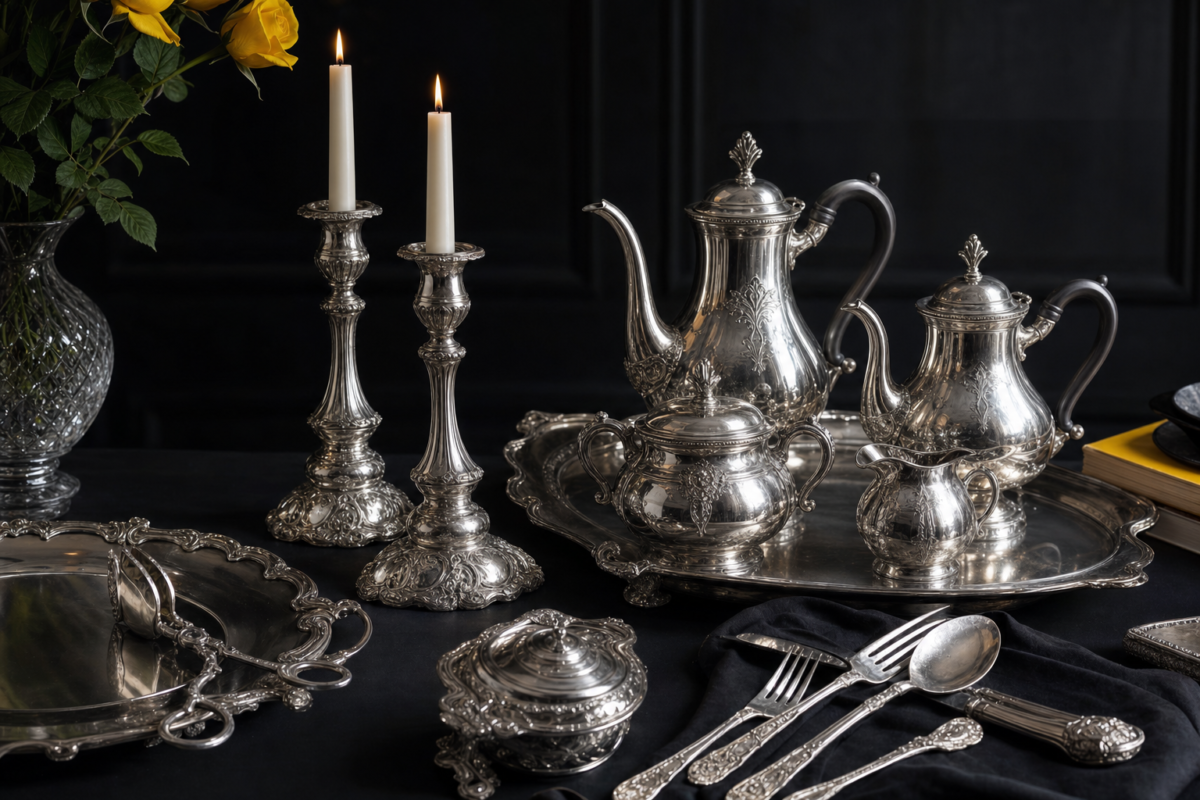 An elegant arrangement of antique sterling silver objects, a silver tea set, candlesticks and ornate cutlery on a dark surface, soft reflective lighting, luxury still life editorial