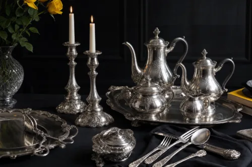 An elegant arrangement of antique sterling silver objects, a silver tea set, candlesticks and ornate cutlery on a dark surface, soft reflective lighting, luxury still life editorial