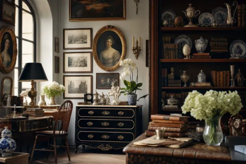 A warm nostalgic interior of an antique room filled with heirloom objects, old framed paintings, silver, porcelain and stacked books on wooden shelves, soft window light, evocative timeless editorial photography