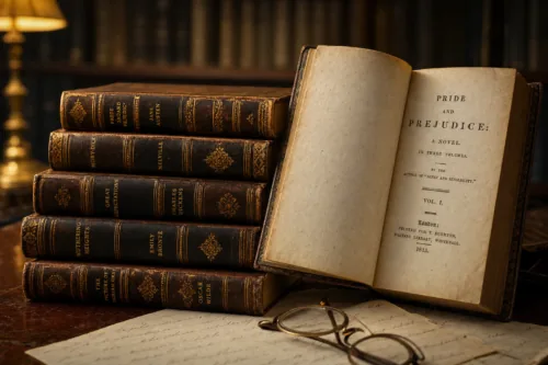 A stack of antique leather-bound books with gilded spines, one open showing an old first edition title page, warm library lighting, elegant editorial still life