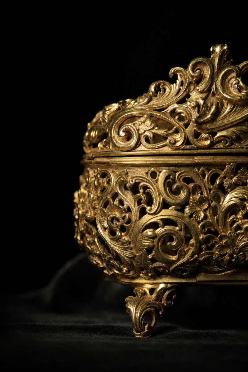 Antique goldsmith work, ornate gilded baroque gold filigree artifact, warm gold glow, intricate detail, extreme macro, on black velvet, dramatic single-source side lighting, chiaroscuro, shallow depth of field, luxury auction-house editorial photography, deep shadows, cinematic, ultra detailed, dark background, no text