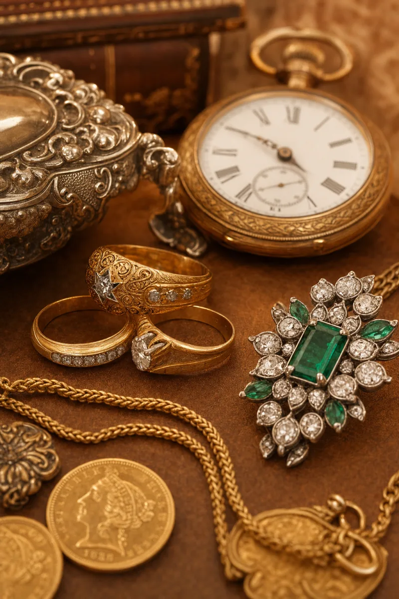 Espólio de joias de família avaliado pela Vintage LX — anéis, broche, relógio de bolso e moedas