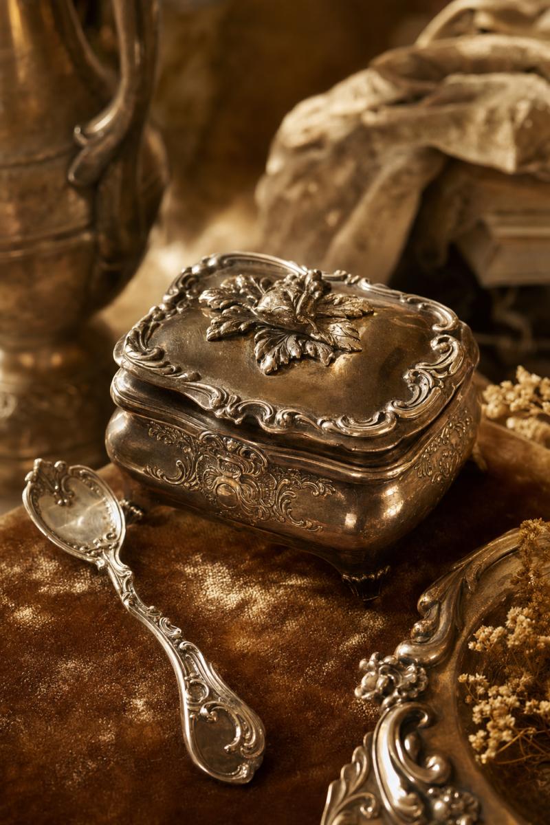 An elegant editorial macro still life of antique sterling silver: an ornate chased silver box, a silver spoon and decorative antique silverware, arranged on a warm bronze-brown velvet surface, warm luminous golden lighting with a soft amber glow, bright and inviting, gentle warm highlights on the silver, softly lit warm bronze background — NOT dark, not black. Photorealistic macro detail, shallow depth of field, heritage warmth. Absolutely no text, no logos, no lettering, no watermark, no signage, no writing anywhere in the image