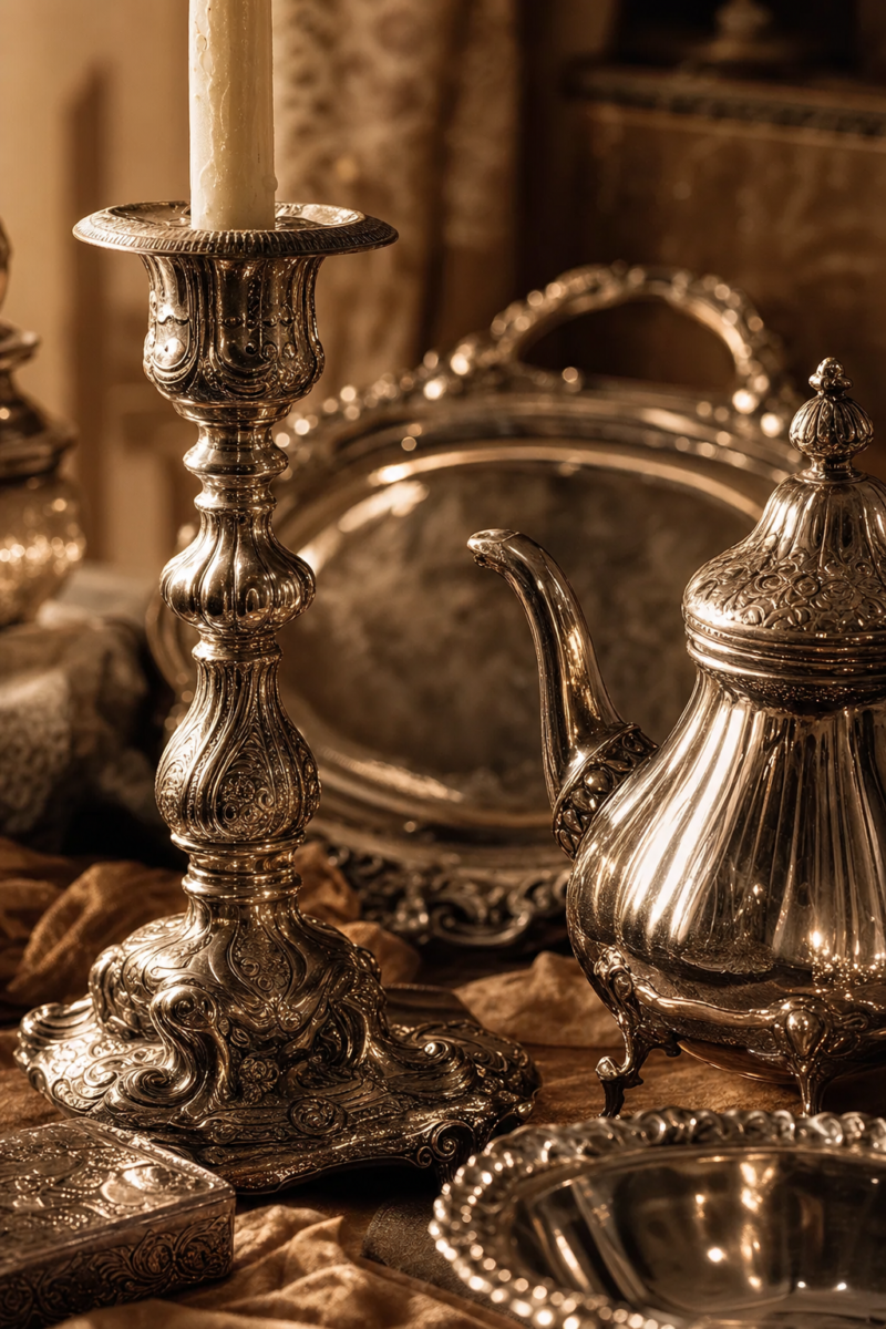 Antique sterling silver still-life: an ornate silver candlestick, a decorative tray and a silver teapot with warm amber reflections. warm golden-hour lighting, luminous warm bronze background, cozy amber sunlight, editorial still-life, macro, shallow depth of field, rich and inviting, several pieces. Absolutely no text, no logos, no lettering, no brand names, no watermarks.