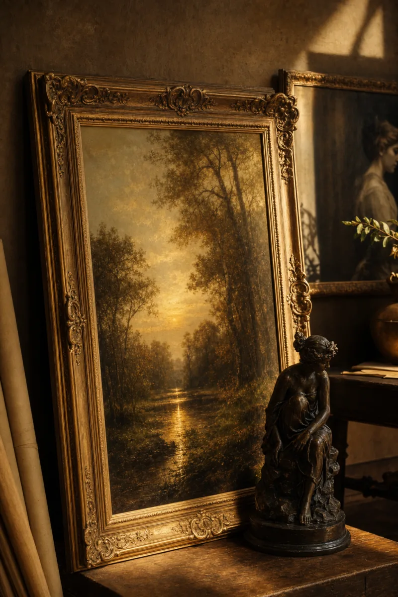 Avaliação de pintura e arte — quadro a óleo em moldura dourada