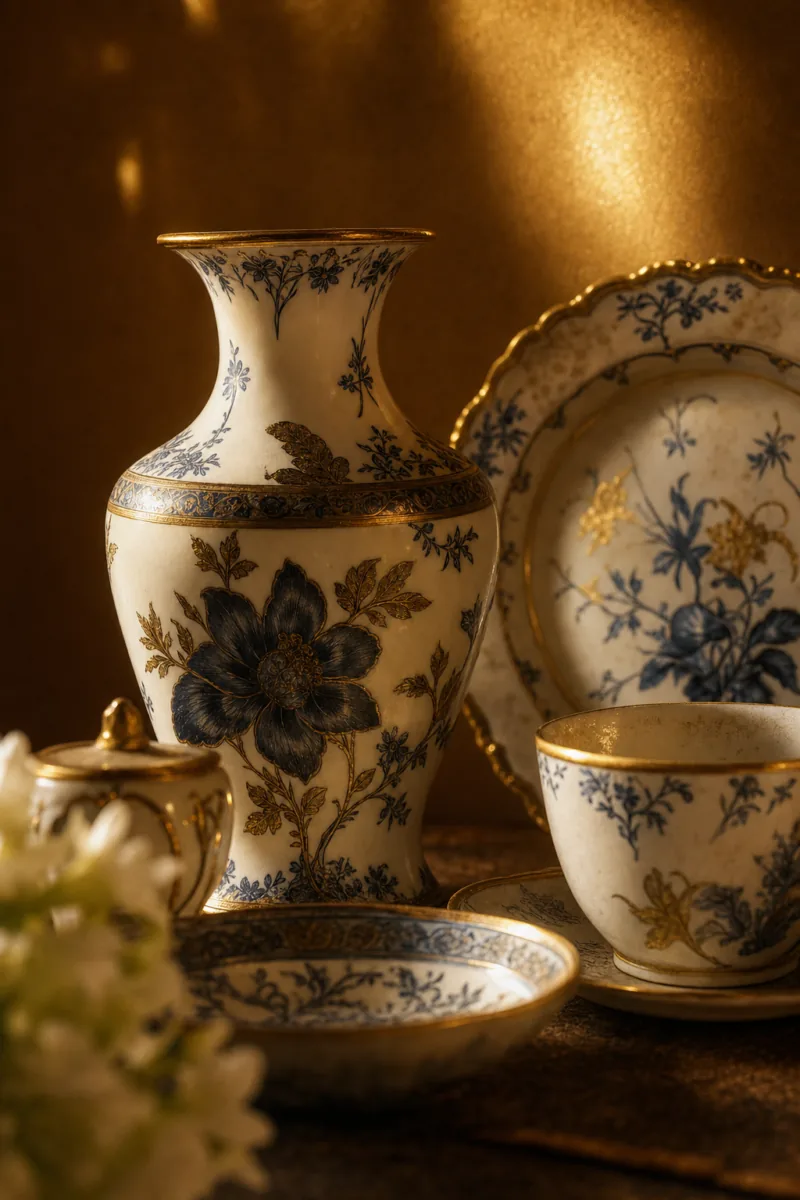 Avaliação de porcelana e faiança — jarra e pratos decorados antigos