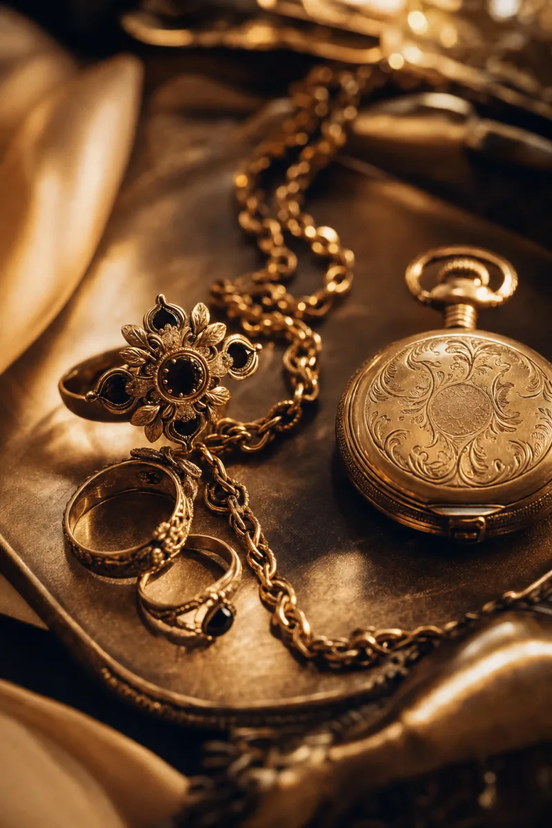 Joias e ouro de herança — anéis, broche e corrente em ouro antigo