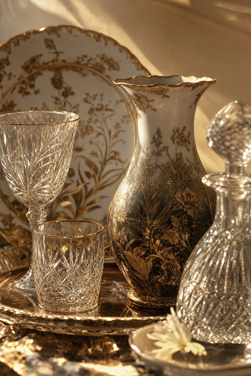 Antique porcelain and cut crystal: a decorated vase, a plate and glassware catching warm amber sunlight. warm golden-hour lighting, luminous warm bronze background, cozy amber sunlight, editorial still-life, macro, shallow depth of field, rich and inviting, several pieces. Absolutely no text, no logos, no lettering, no brand names, no watermarks.