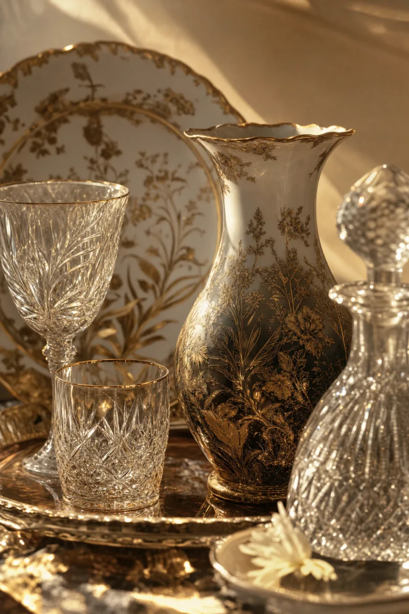Porcelana e vidro de herança — jarra decorada e peças em cristal