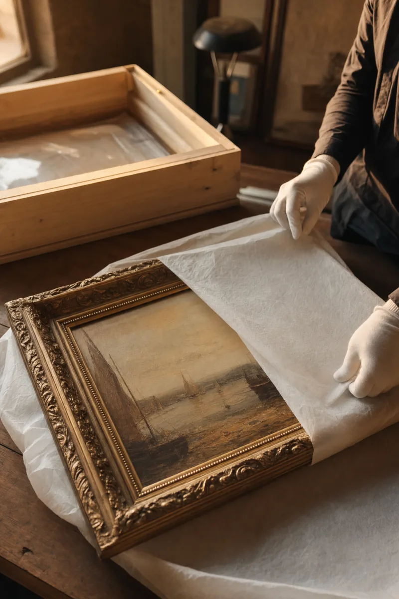 Embalamento de obras de arte — quadro em moldura dourada a ser protegido