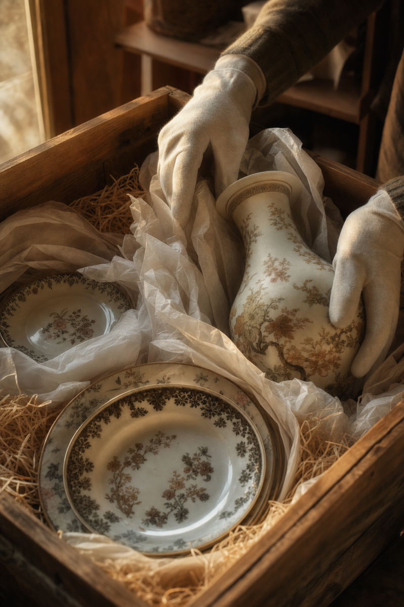 An antique porcelain vase and plates being wrapped in soft tissue paper and nestled into a wooden crate filled with wood-wool packing, gloved hands. warm golden-hour editorial photograph, cozy amber light, luminous warm bronze tones, shallow depth of field, professional and reassuring. Absolutely no text, no logos, no lettering, no brand names, no watermarks.