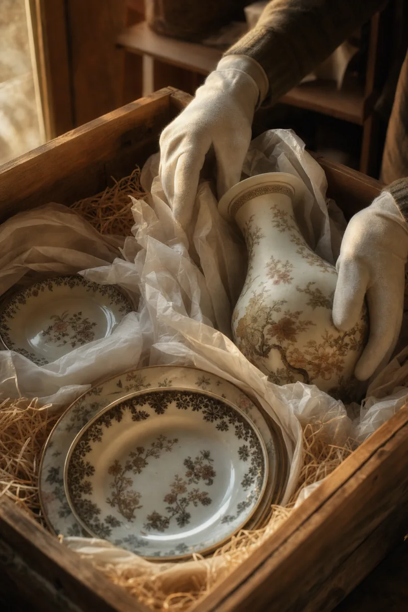 Embalamento de porcelana e vidro — jarra e pratos envolvidos em papel de seda