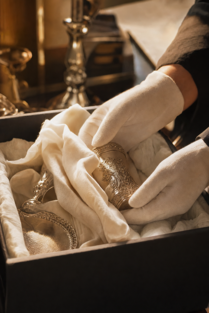 Antique silver pieces wrapped in soft anti-tarnish cloth being carefully packed into a padded box, gloved hands, warm amber light. warm golden-hour editorial photograph, cozy amber light, luminous warm bronze tones, shallow depth of field, professional and reassuring. Absolutely no text, no logos, no lettering, no brand names, no watermarks.