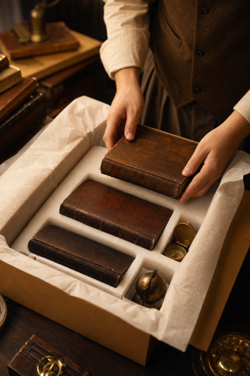 Antique leather-bound books and small collectible objects being boxed with soft protective paper and foam, careful and neat, warm amber light. warm golden-hour editorial photograph, cozy amber light, luminous warm bronze tones, shallow depth of field, professional and reassuring. Absolutely no text, no logos, no lettering, no brand names, no watermarks.. No readable text on the books.