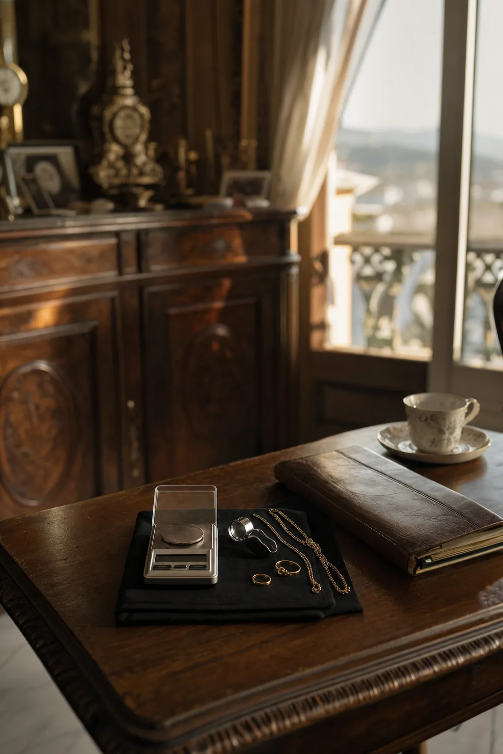 Avaliação de ouro ao domicílio: balança de precisão e peças de ouro sobre a mesa de uma sala