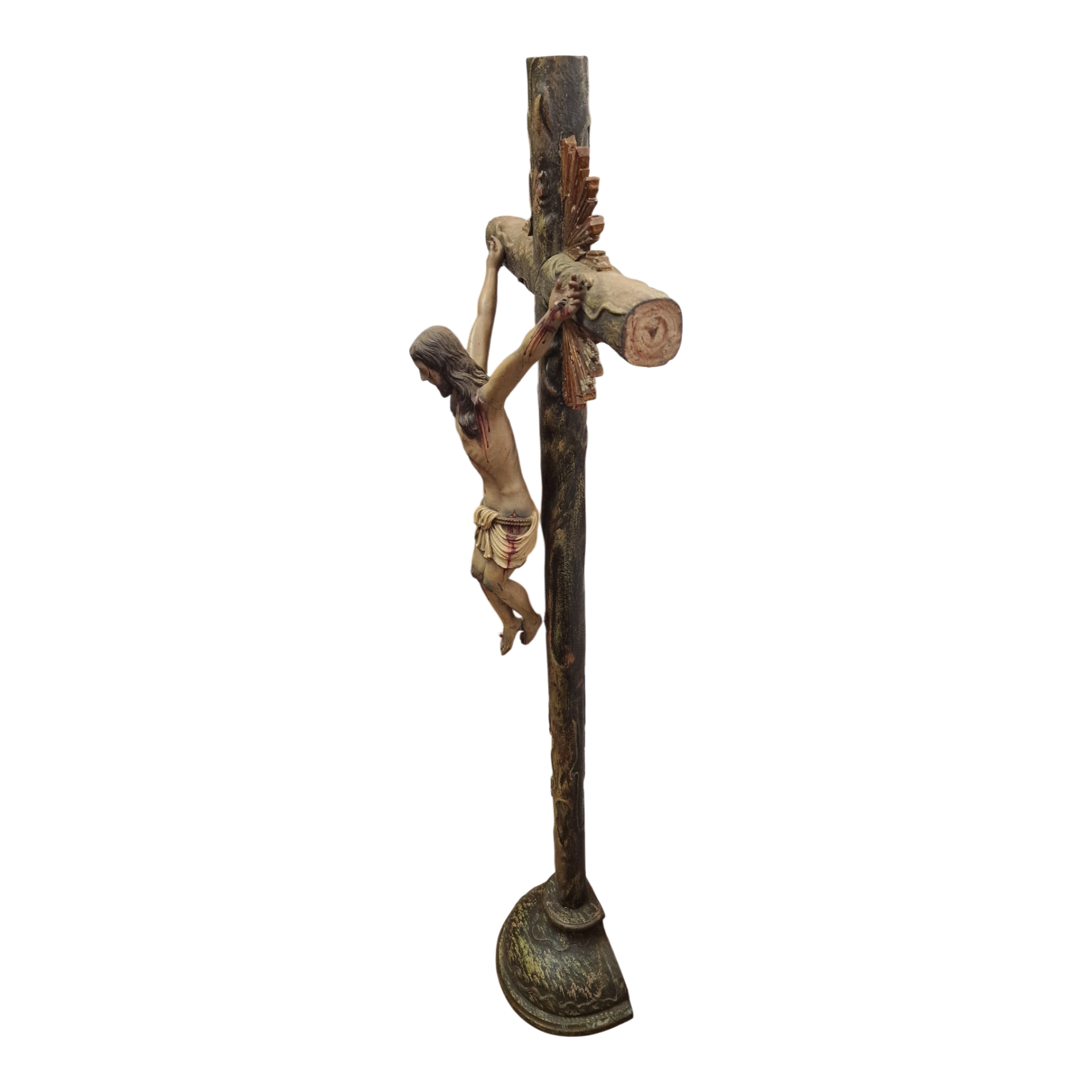 Grande Crucifixo de Altar com Cristo Policromado e Resplendor Dourado – c. 1890–1920 – 142 cm
