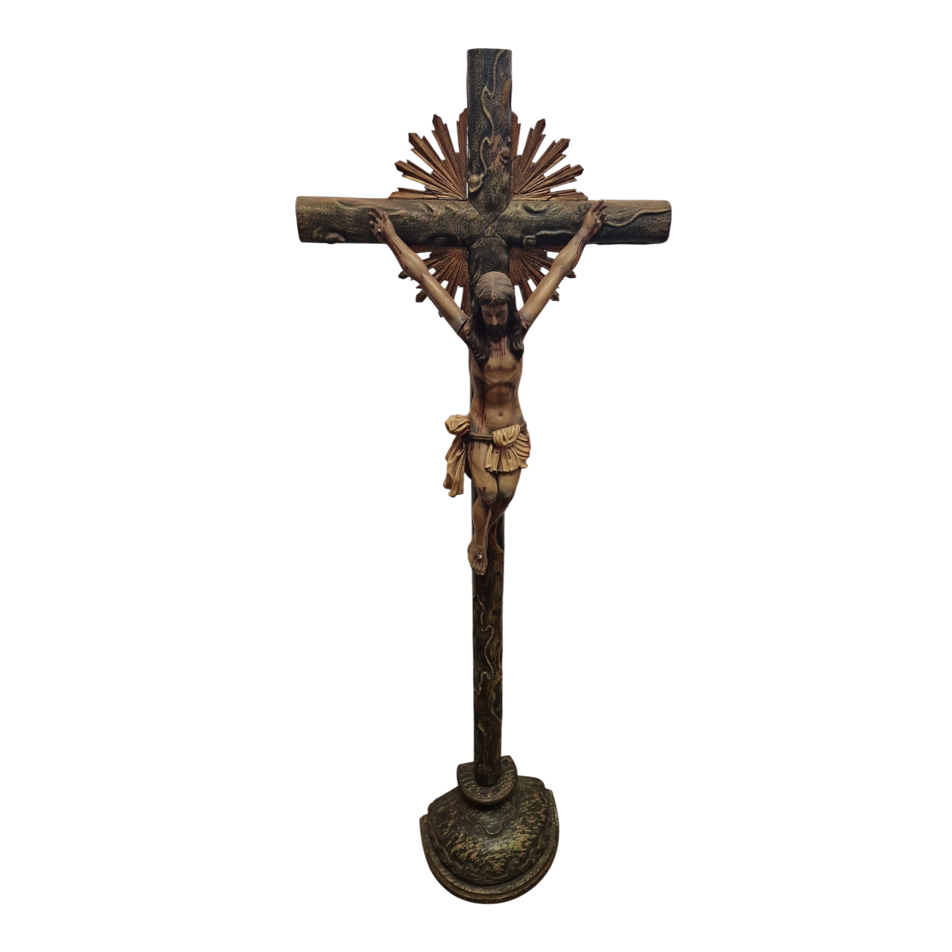 Grande Crucifixo de Altar com Cristo Policromado e Resplendor Dourado – c. 1890–1920 – 142 cm
