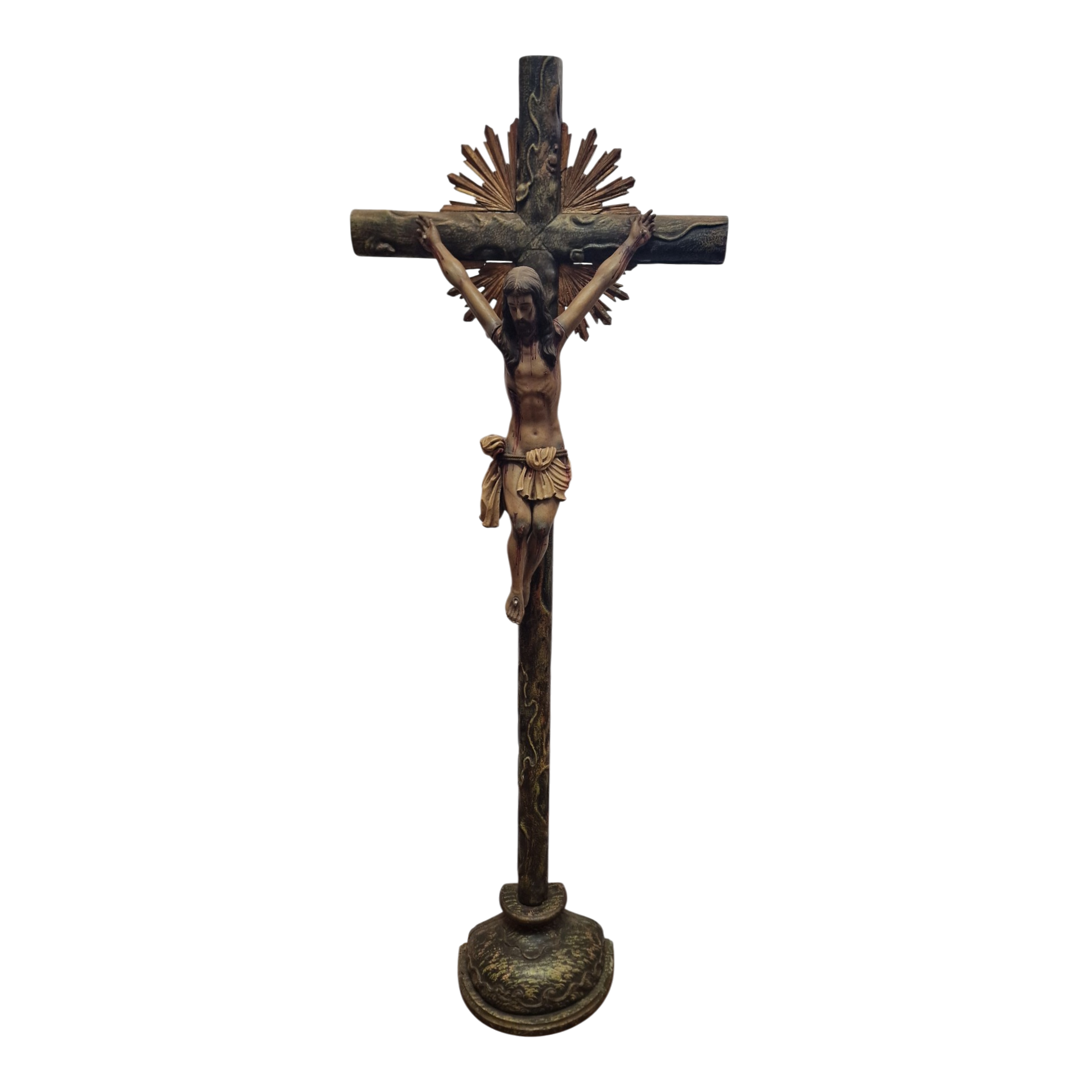 Grande Crucifixo de Altar com Cristo Policromado e Resplendor Dourado – c. 1890–1920 – 142 cm
