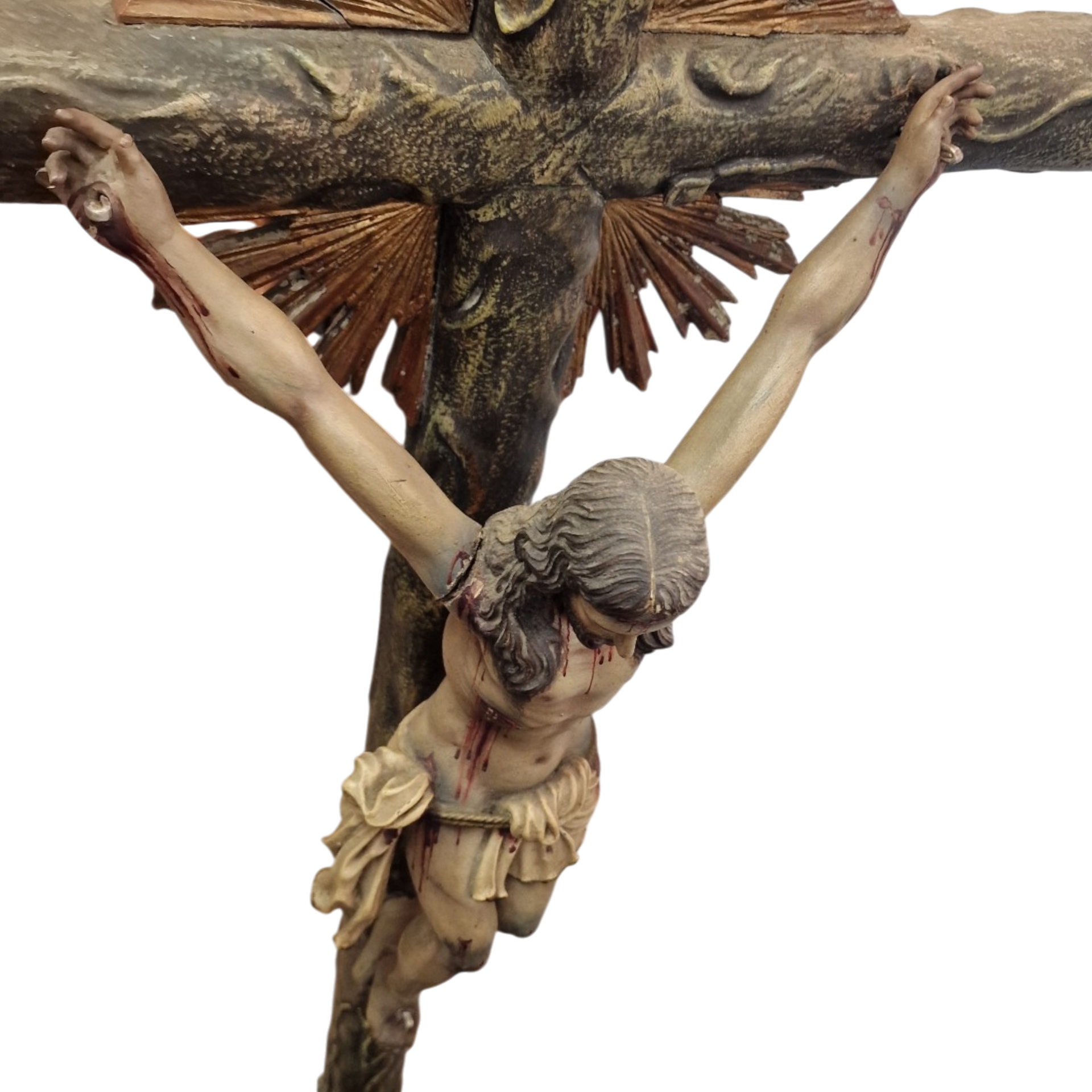 Grande Crucifixo de Altar com Cristo Policromado e Resplendor Dourado – c. 1890–1920 – 142 cm