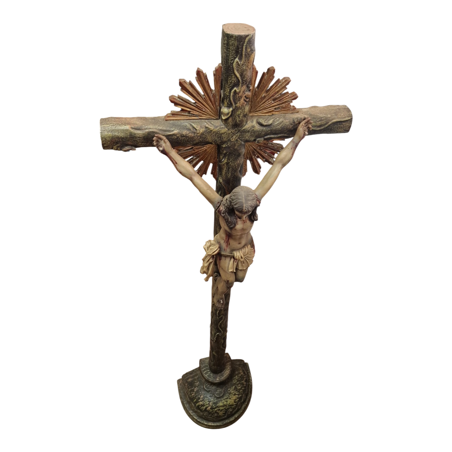 Grande Crucifixo de Altar com Cristo Policromado e Resplendor Dourado – c. 1890–1920 – 142 cm