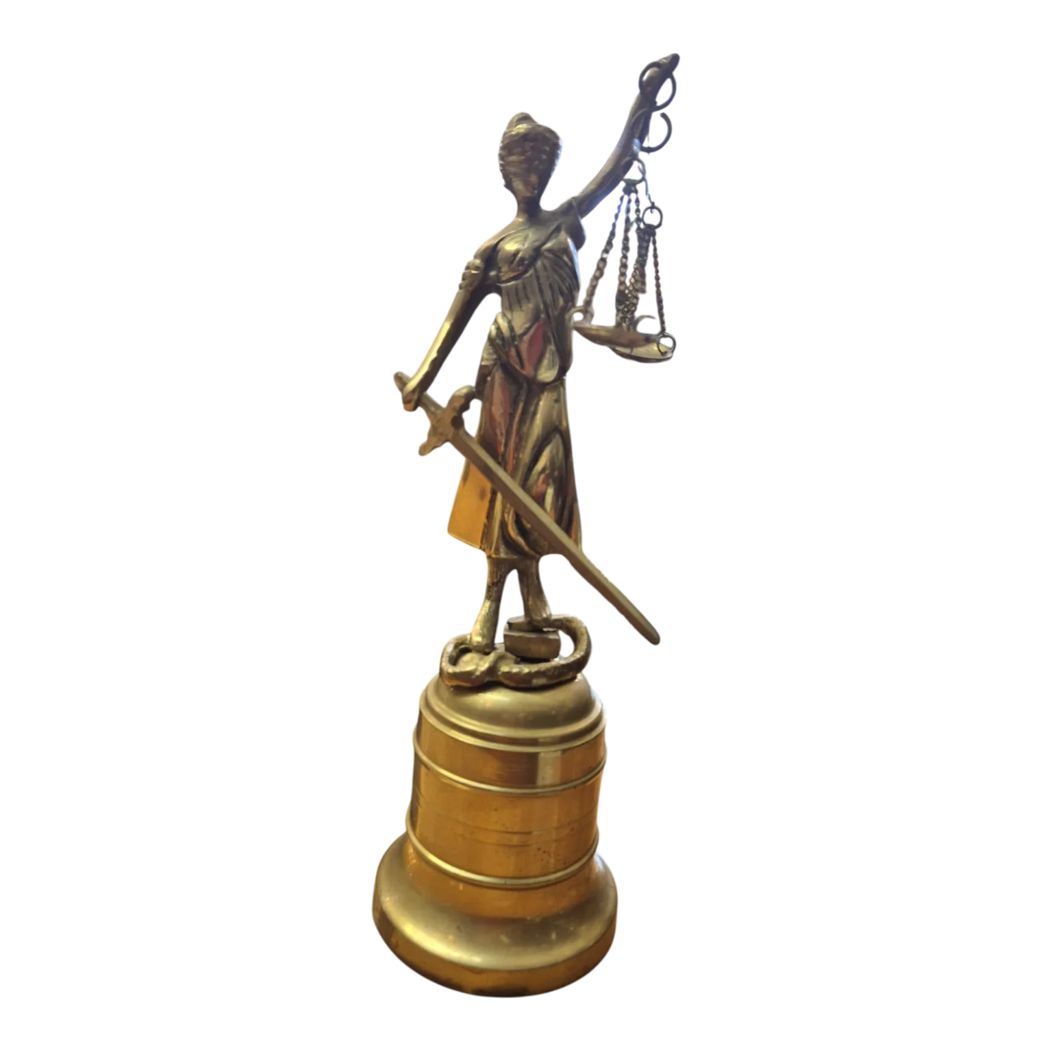 Escultura da Justiça (Têmis) em latão sobre base em forma de sino | 25 cm | 817 g — Capa