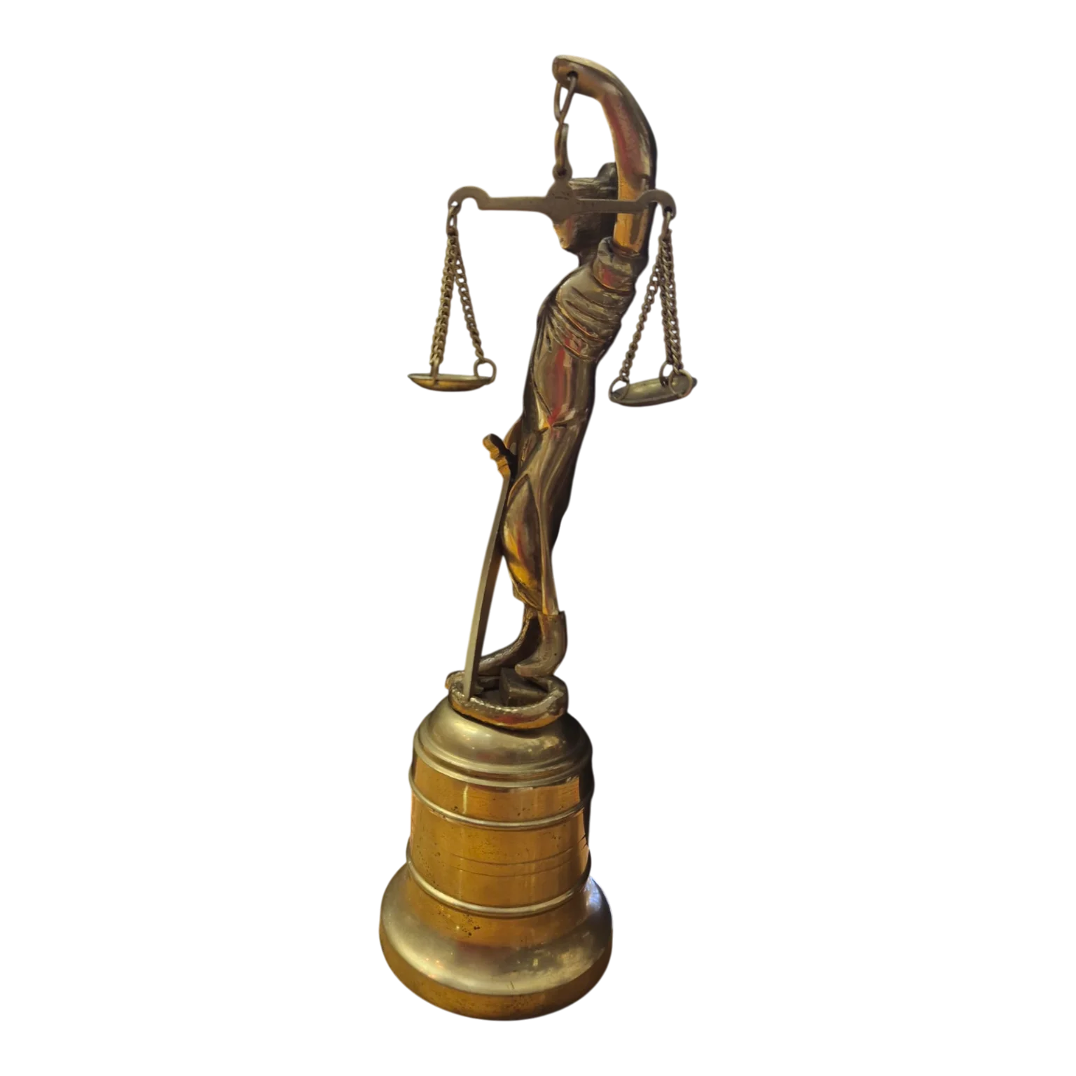 Escultura da Justiça (Têmis) em latão sobre base em forma de sino | 25 cm | 817 g — Lombada